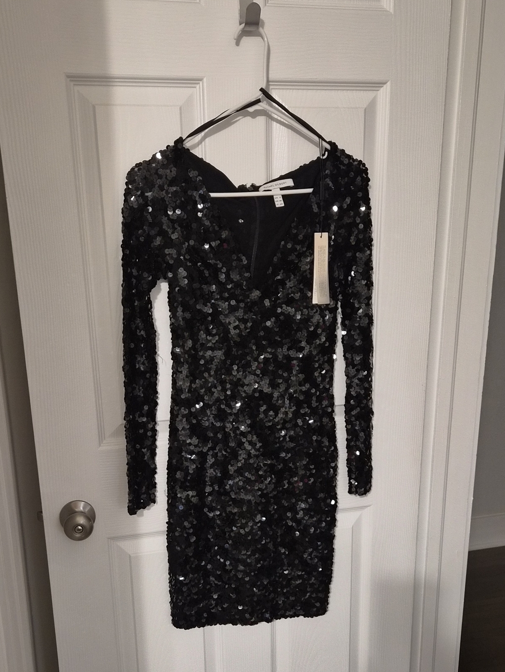 Rachel Gilbert Black Sequin Long-Sleeve V-Neck Dress